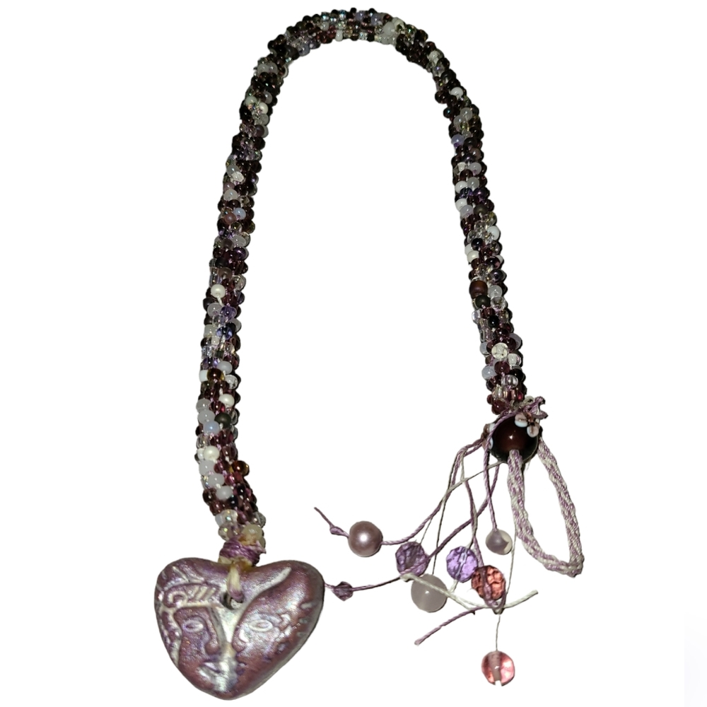 Handmade Beaded Necklace with Heart Love Pendant 16"